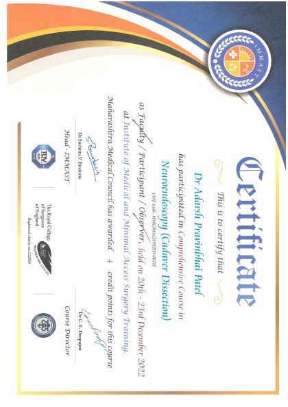 Dr Adarsh Patel Awards and Certificates